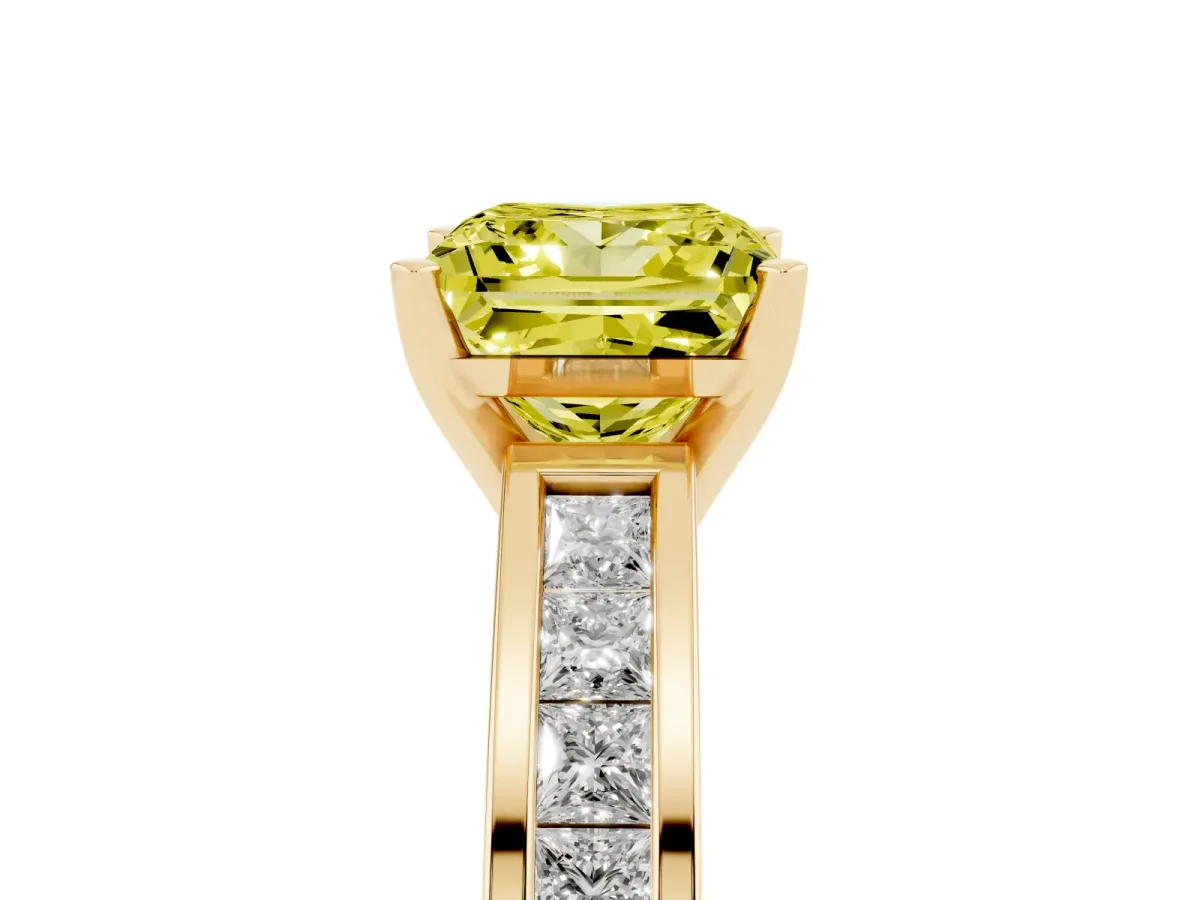 Fancy Yellow Princess Cut Solitaire Diamond Ring with Channel-Set Band and Four-Prong Setting Yellow gold