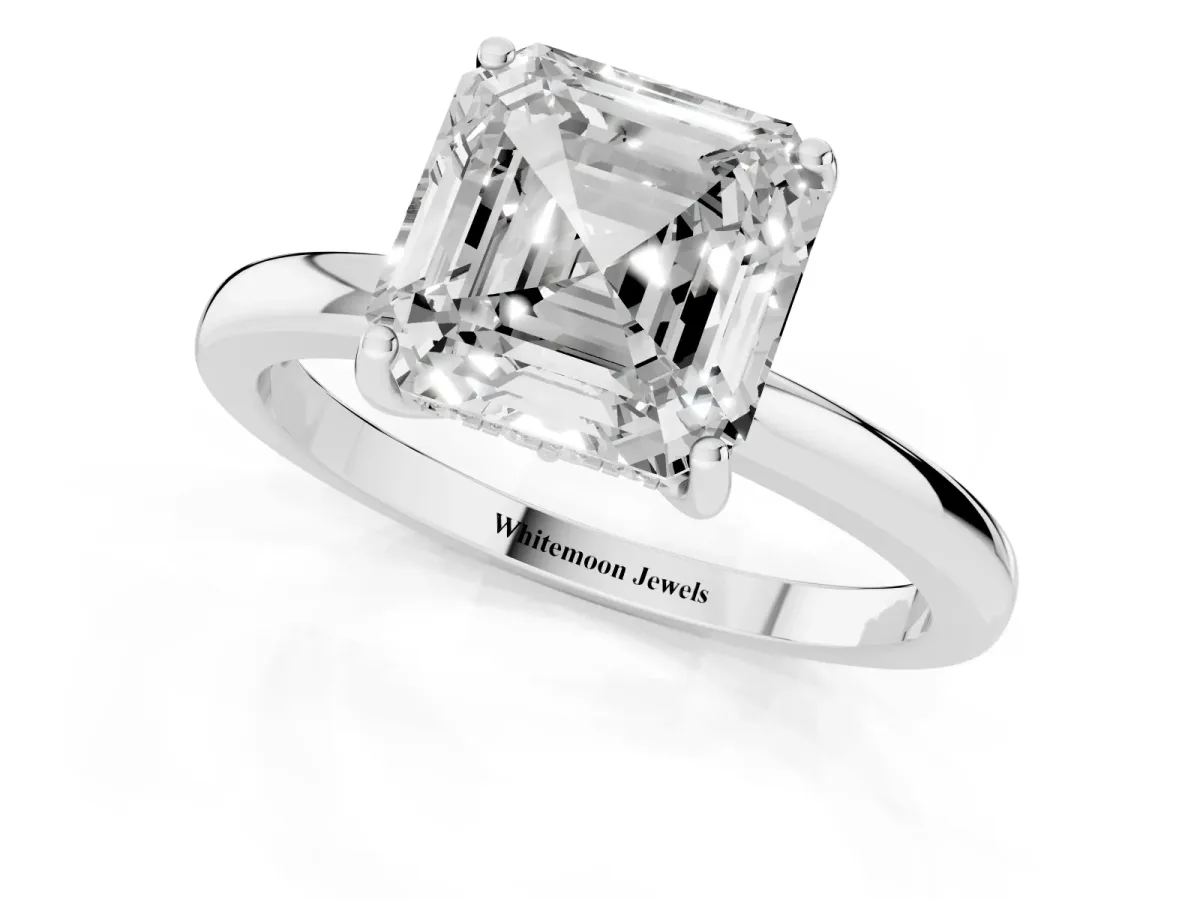 Asscher Cut Solitaire Diamond Ring with Prong Setting and Plain Band Silver