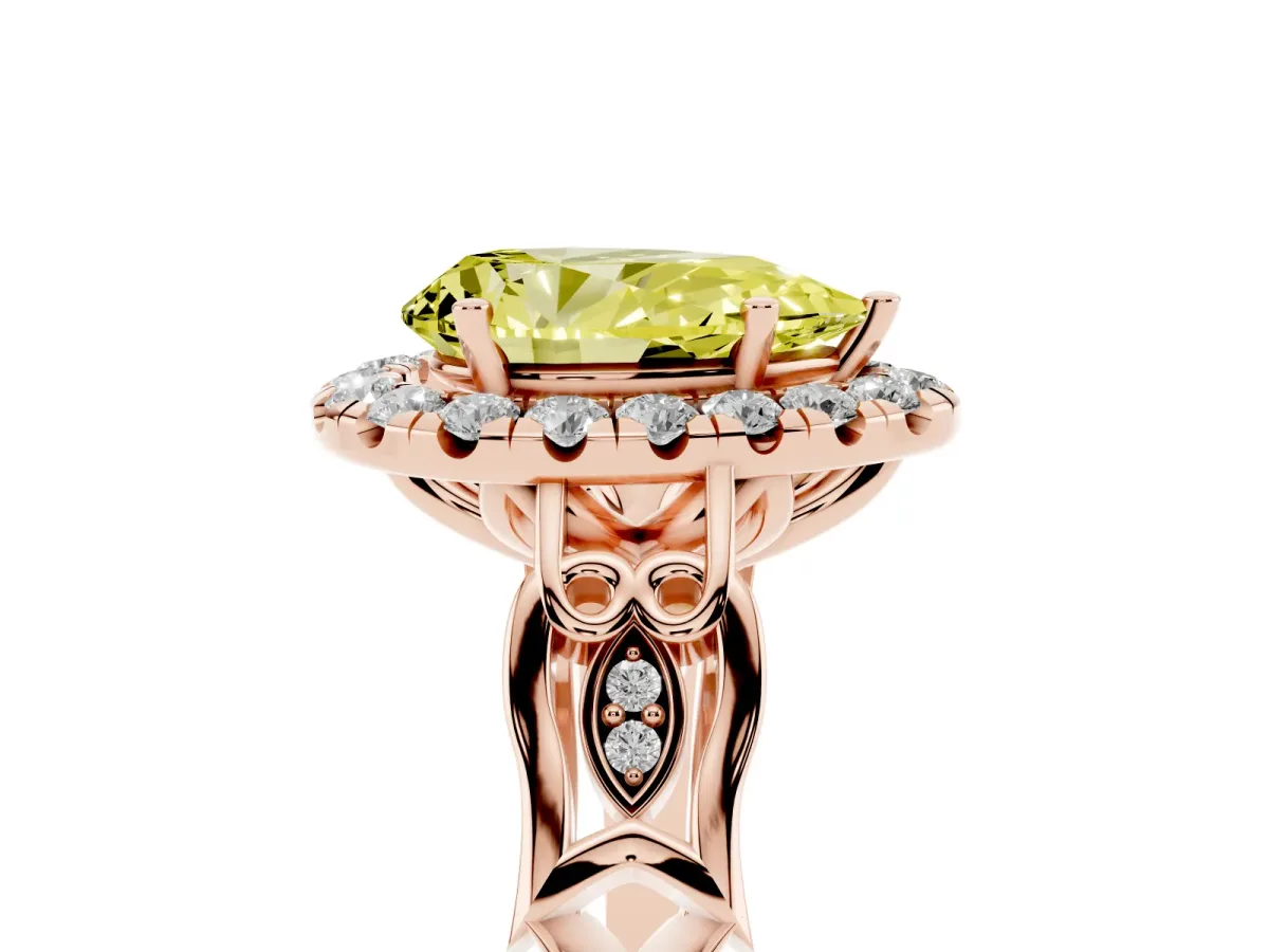 Fancy Yellow Pear Cut Halo Diamond Engagement Ring with Filigree Band and Four-Prong Setting Rose gold