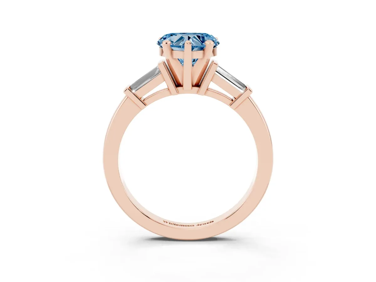 Fancy Blue Heart Cut Cut Diamond Solitaire Ring with Tapered Baguette Accents and Four-Prong Setting Rose gold
