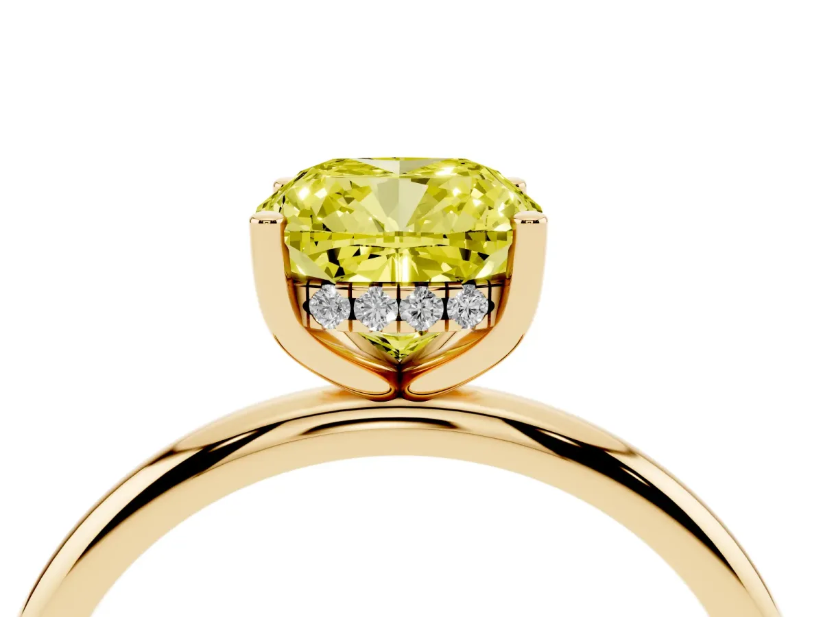 Fancy Yellow Cushion Cut Cut Solitaire Engagement Ring with Four-Prong Setting and Classic Band Yellow gold