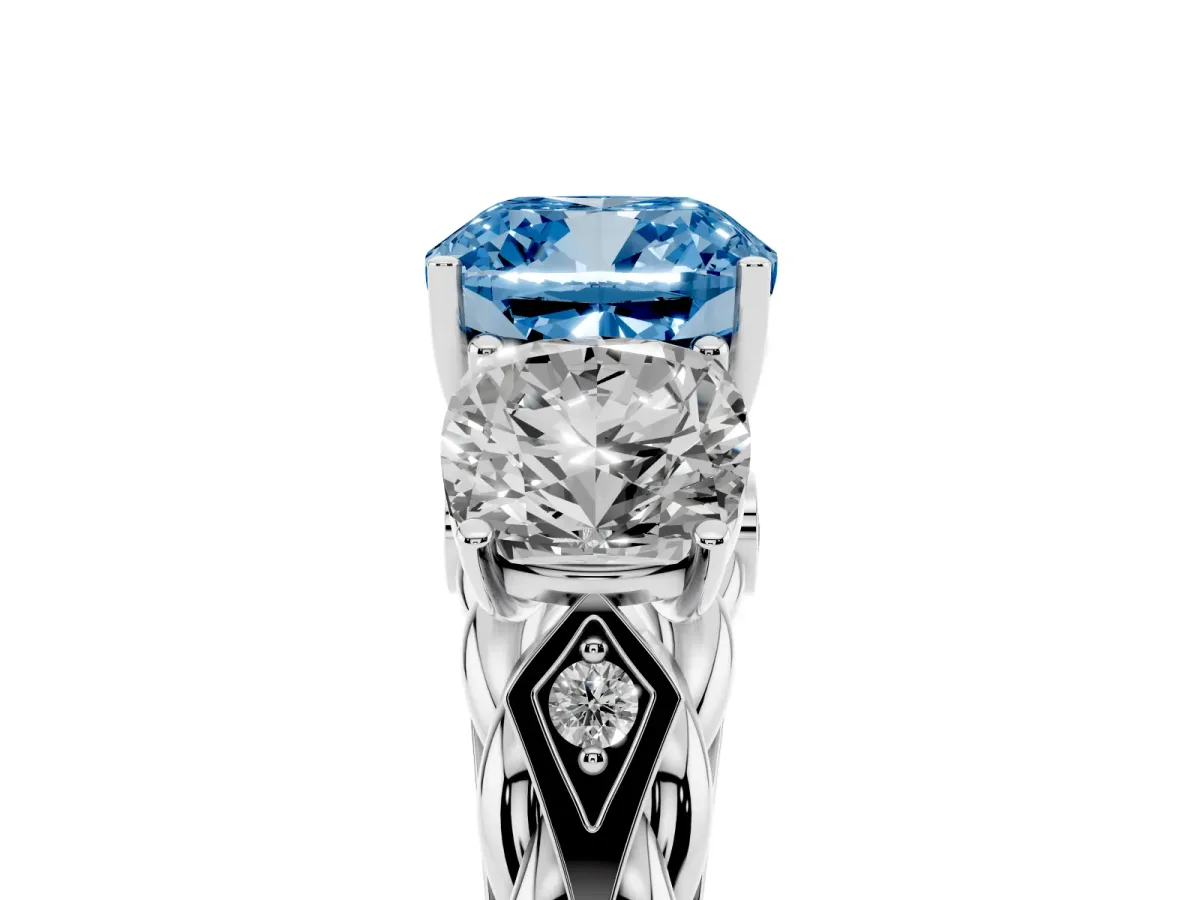 Fancy Blue Three-Stone Cushion Cut Diamond Braided Band Ring with Four-Prong Setting Platinum