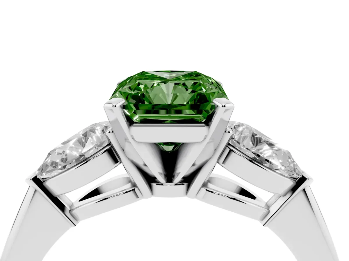 Fancy Green Three-Stone Radiant Cut Diamond Ring with Pear Side Stones and Four-Prong Setting Silver