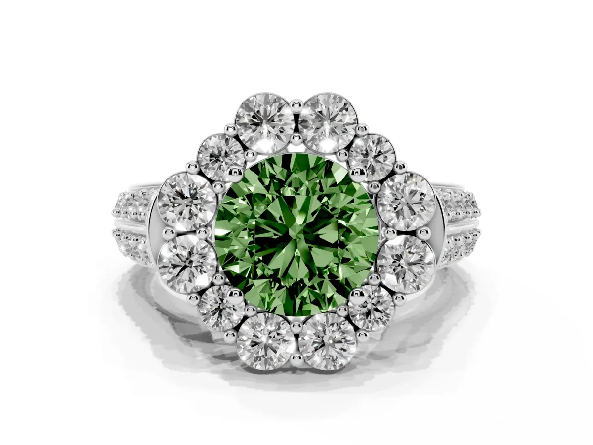 Fancy Green Round Cut Halo Diamond Engagement Ring with Split Shank and Prong Setting Silver