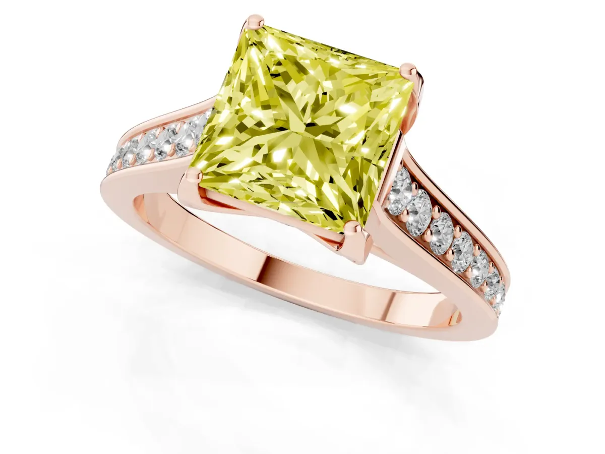 Fancy Yellow Princess Cut Brilliant Cut Diamond Engagement Ring with Pavé Band and Four-Prong Setting Rose gold