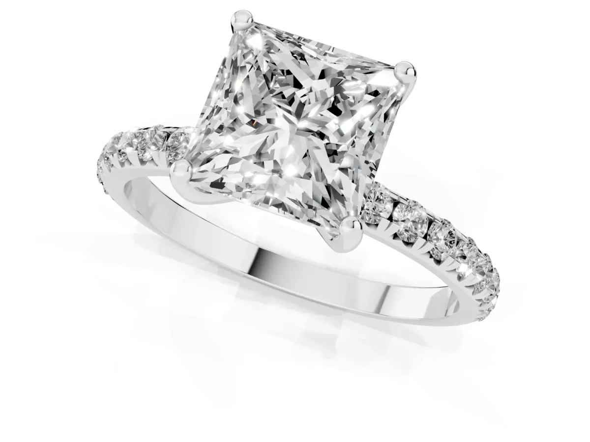 Princess Cut Cut Diamond Solitaire Ring with Micro Pave Band and Four Prong Setting Silver