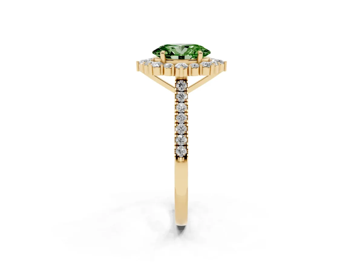Fancy Green Oval Cut Halo Diamond Ring with Pavé Band and Prong Setting Yellow gold