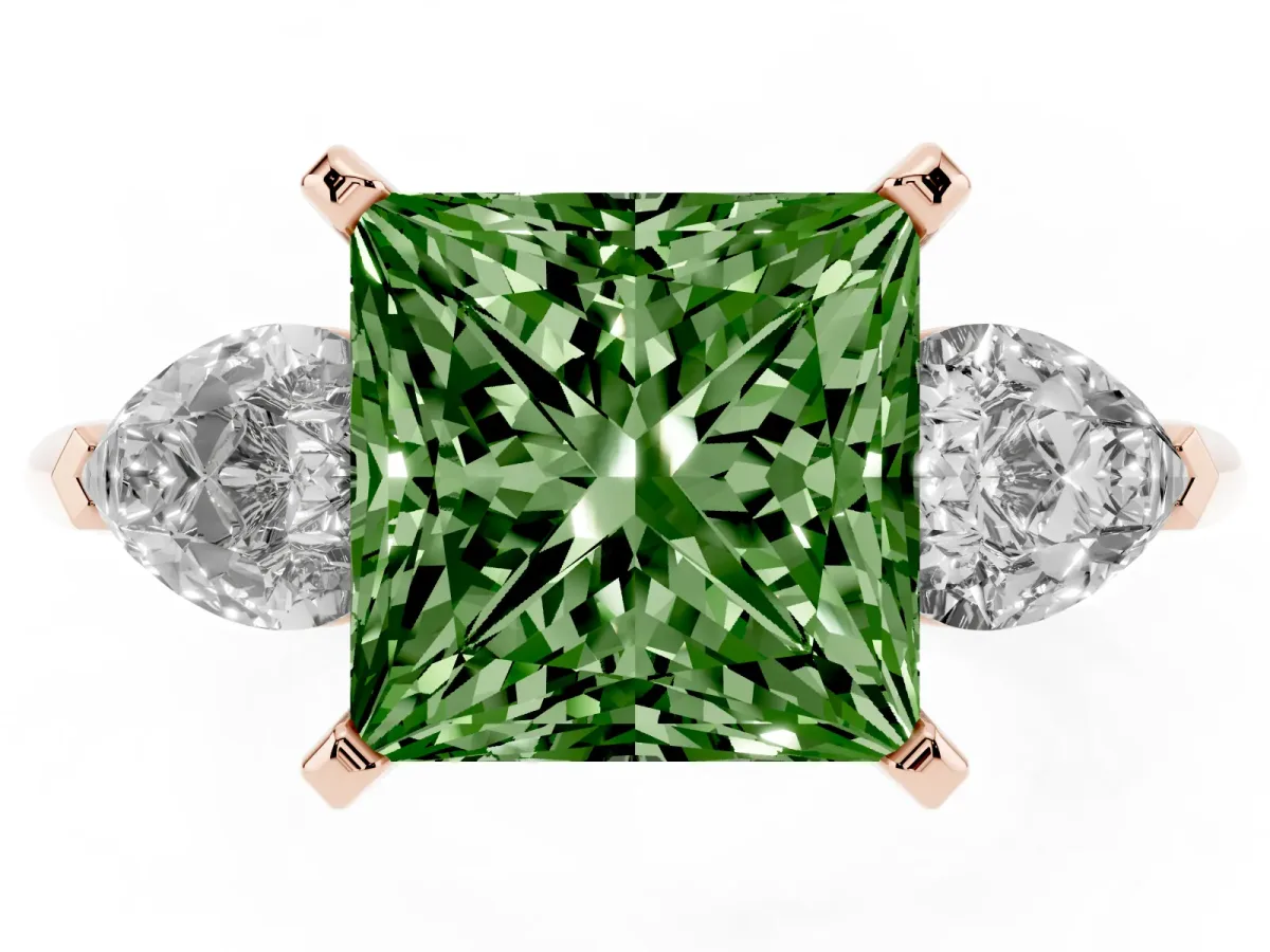 Fancy Green Three-Stone Princess Cut Diamond Ring with Pear Side Stones and Four-Prong Setting Rose gold