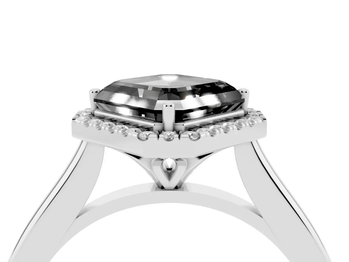 Fancy Black Asscher Cut Halo Round Diamond Solitaire Engagement Ring with Pave Band and Four-Prong Setting Platinum