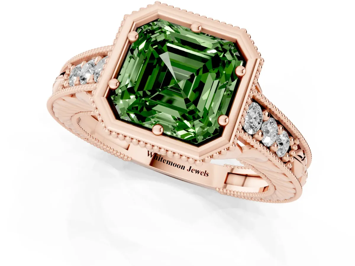 Fancy Green Bezel Set Asscher Cut Diamond Milgrain Pave Engagement Ring Rose gold