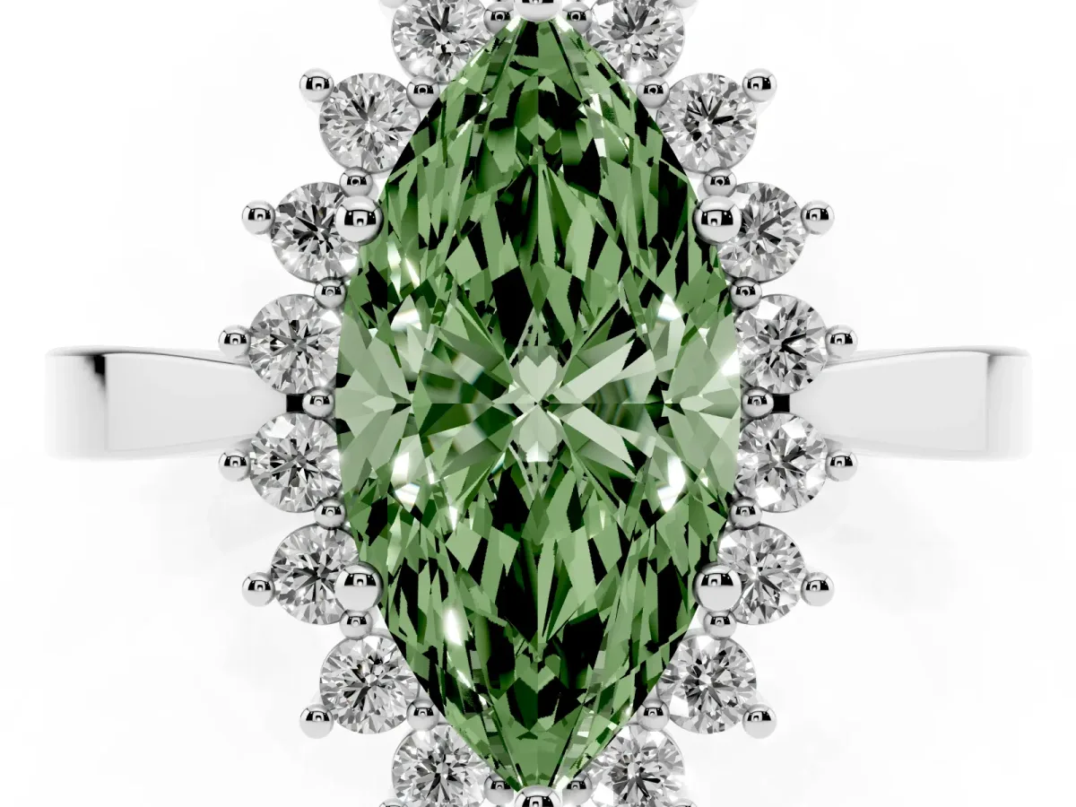 Fancy Green Marquise Cut Cut Diamond Halo Ring with Round Brilliant Halo and Solitaire Band White gold