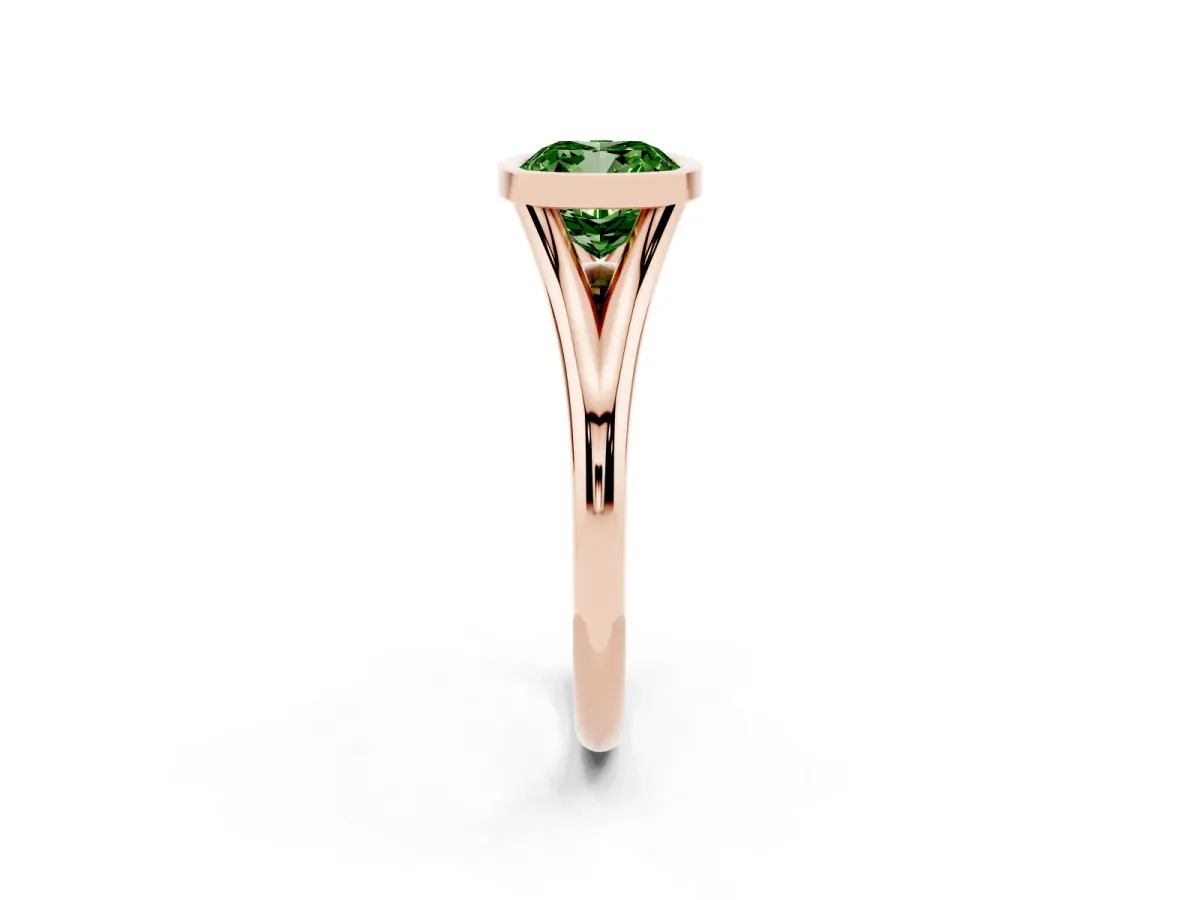 Fancy Green Bezel Set Cushion Cut Cut Solitaire Ring with Tapered Band Rose gold