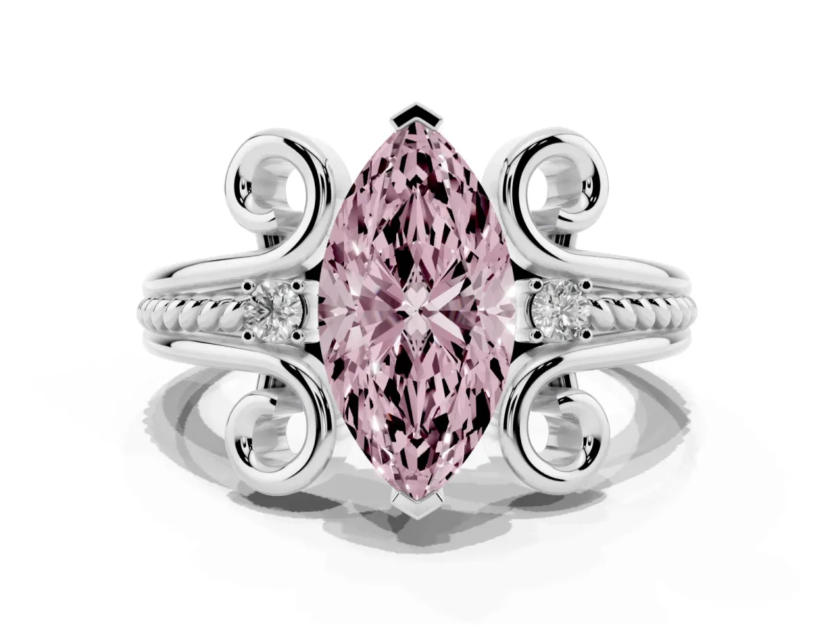 Fancy Pink Marquise Cut Solitaire Twisted Band Scroll Prong Ring Silver
