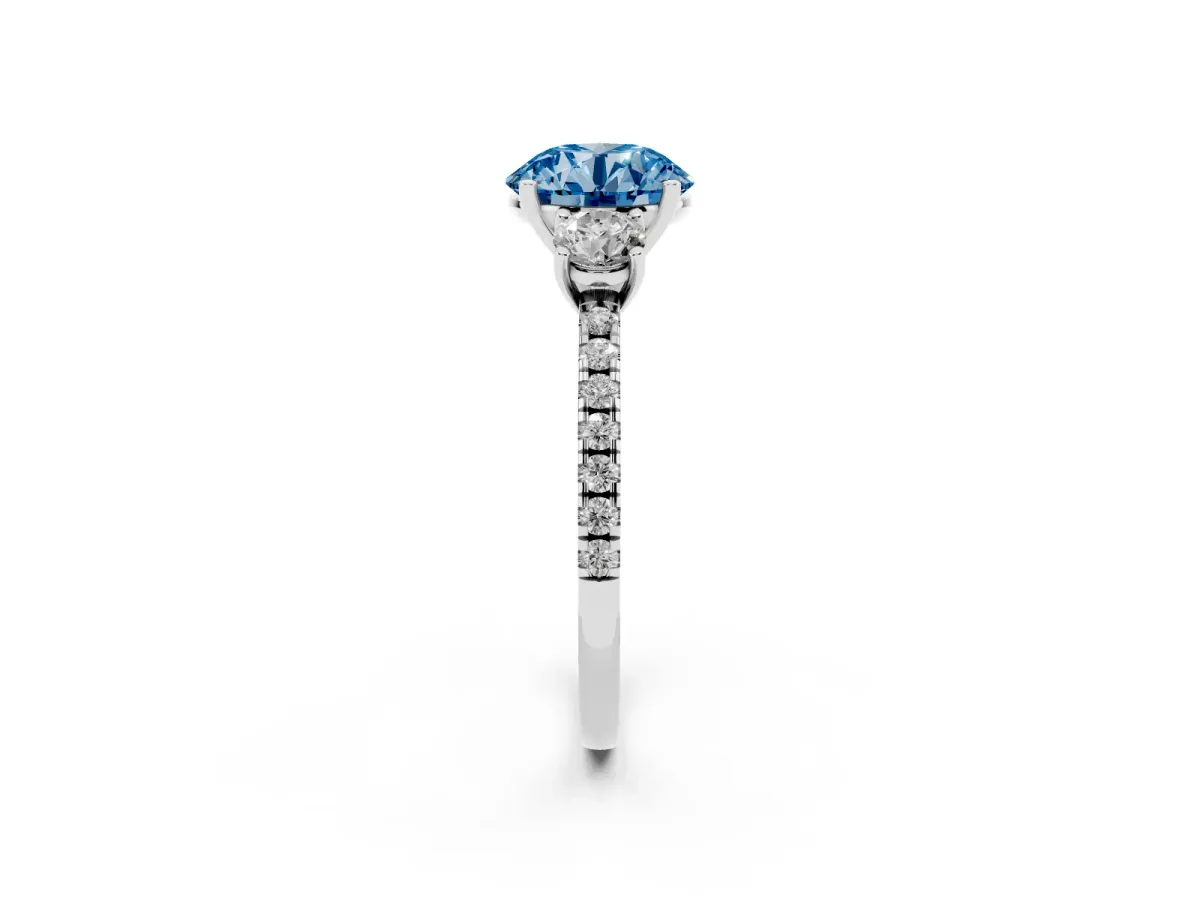 Fancy Blue Three-Stone Round Cut Cut Diamond Pavé Band with Prong Setting Silver