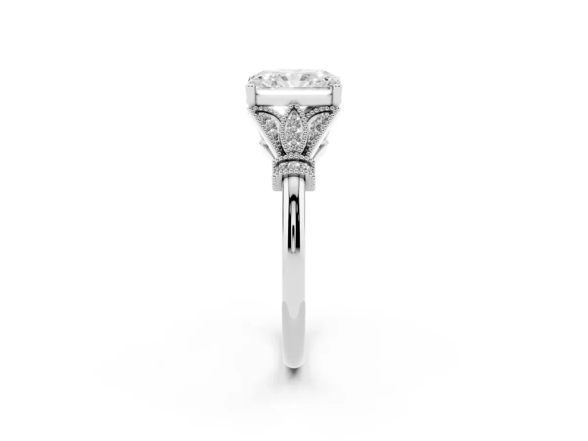 Radiant Cut Diamond Solitaire Ring with Floral Filigree and Pave Accents Platinum