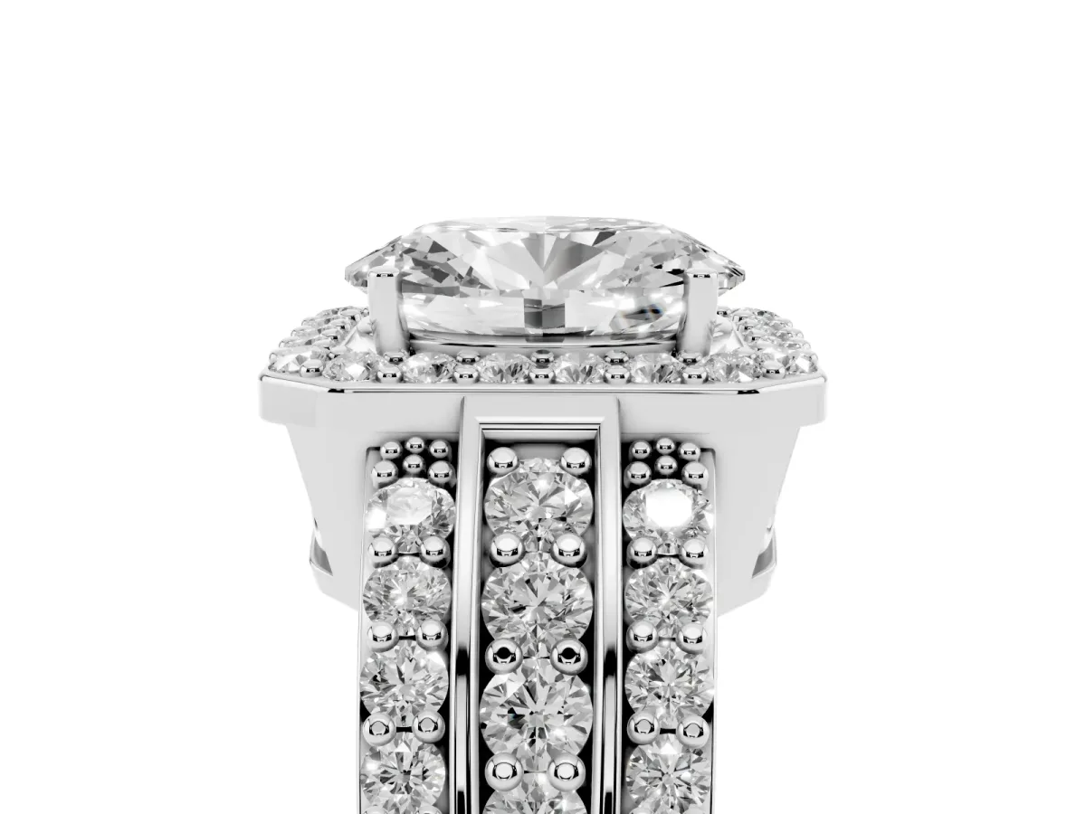Oval Cut Halo Diamond Ring with Round Split Shank and Prong Setting Platinum
