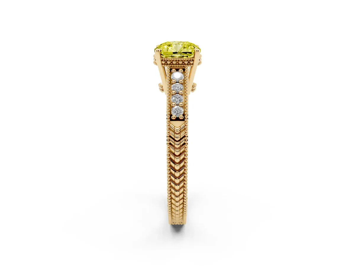 Fancy Yellow Cushion Cut Solitaire Pavé Diamond Milgrain Engagement Ring with Four-Prong Setting Yellow gold