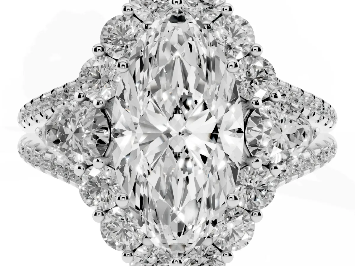 Marquise Cut Halo Split Shank Diamond Engagement Ring with Prong Setting Platinum