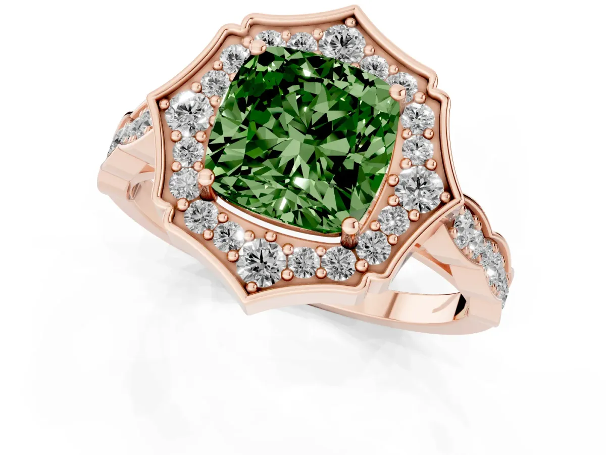 Fancy Green Cushion Cut Halo Diamond Engagement Ring with Milgrain Band and Four-Prong Setting Rose gold