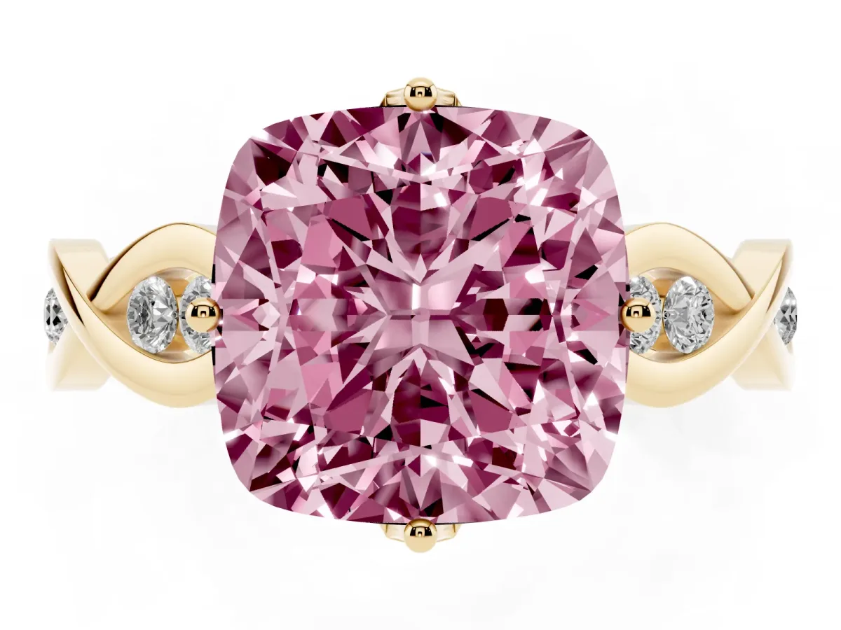 Fancy Pink Cushion Cut Solitaire Twist Band with Leaf Prong Setting Yellow gold