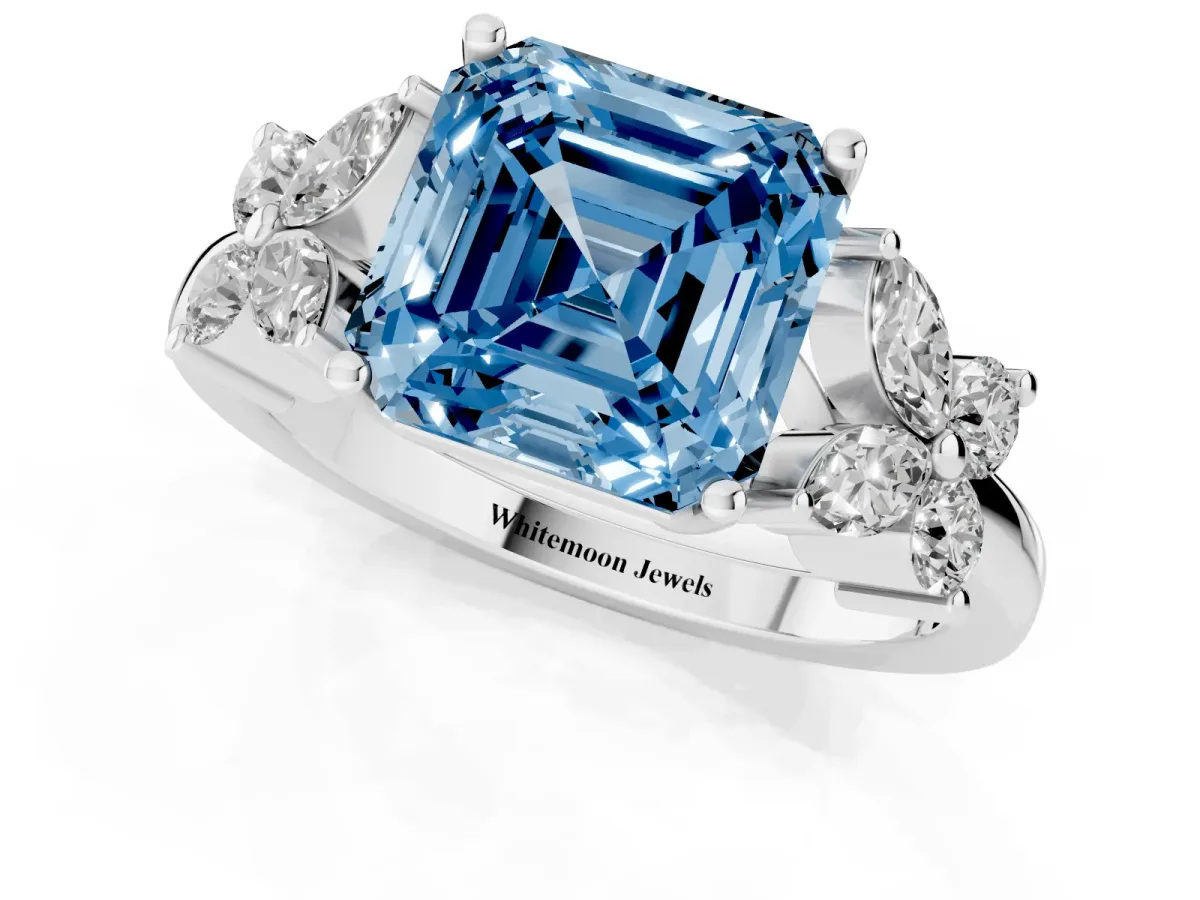 Fancy Blue Princess Cut Diamond Floral Cluster Ring with Solitaire Band and Prong Setting Platinum