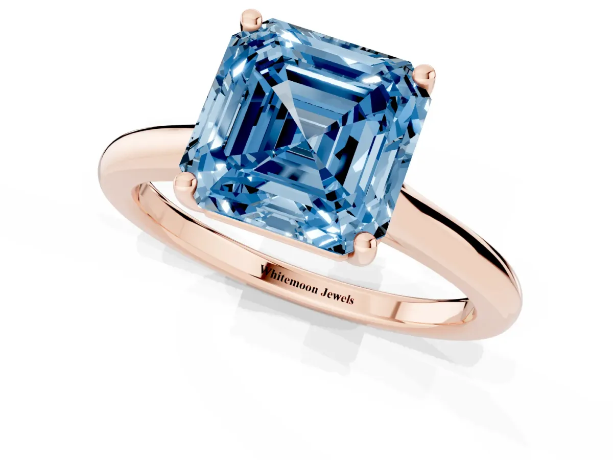 Fancy Blue Asscher Cut Cut Solitaire Ring with Cathedral Band and Four-Prong Setting Rose gold