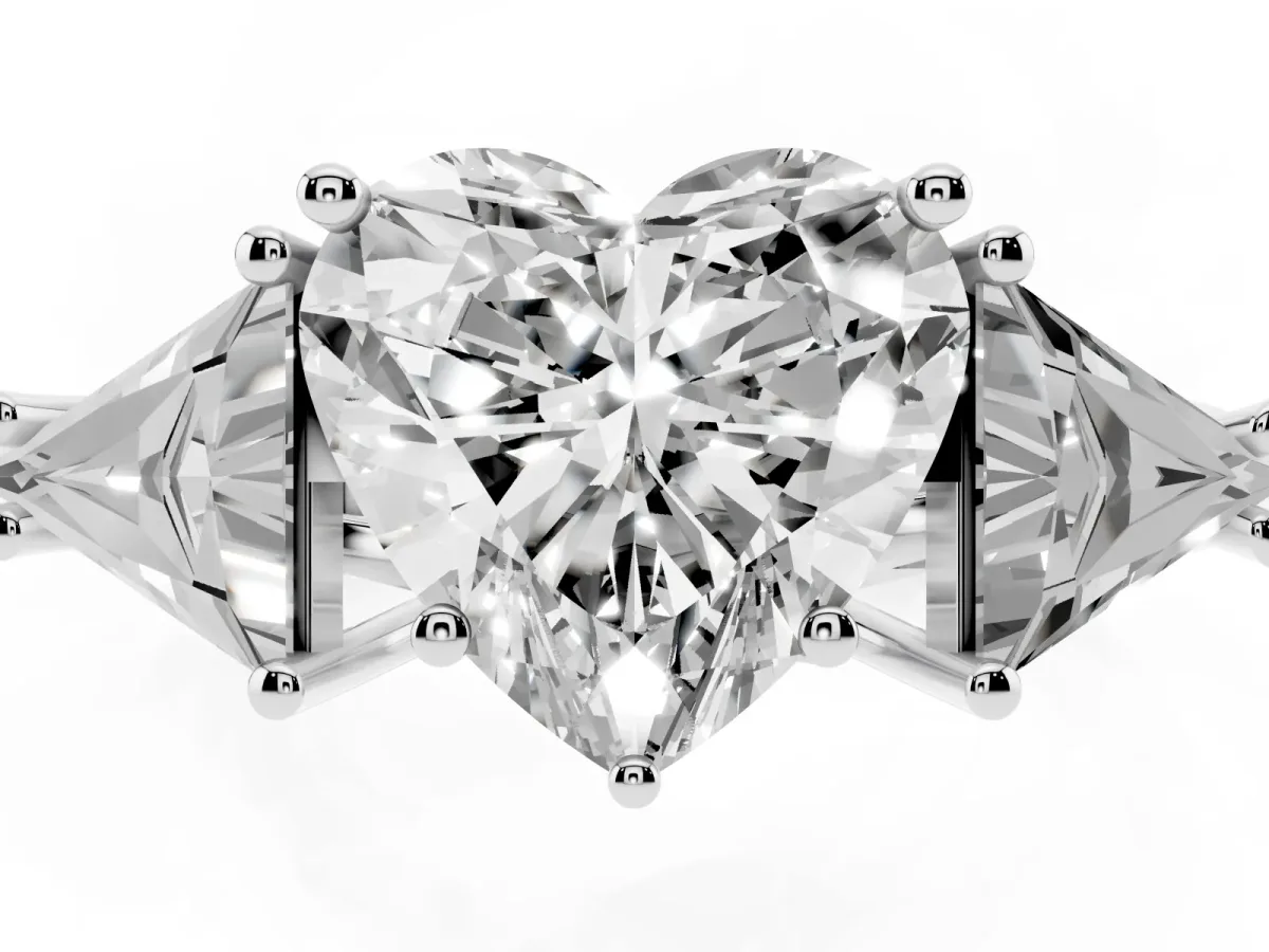 Three-Stone Heart Cut Diamond Engagement Ring with Trillion Side Stones and Prong Setting Silver