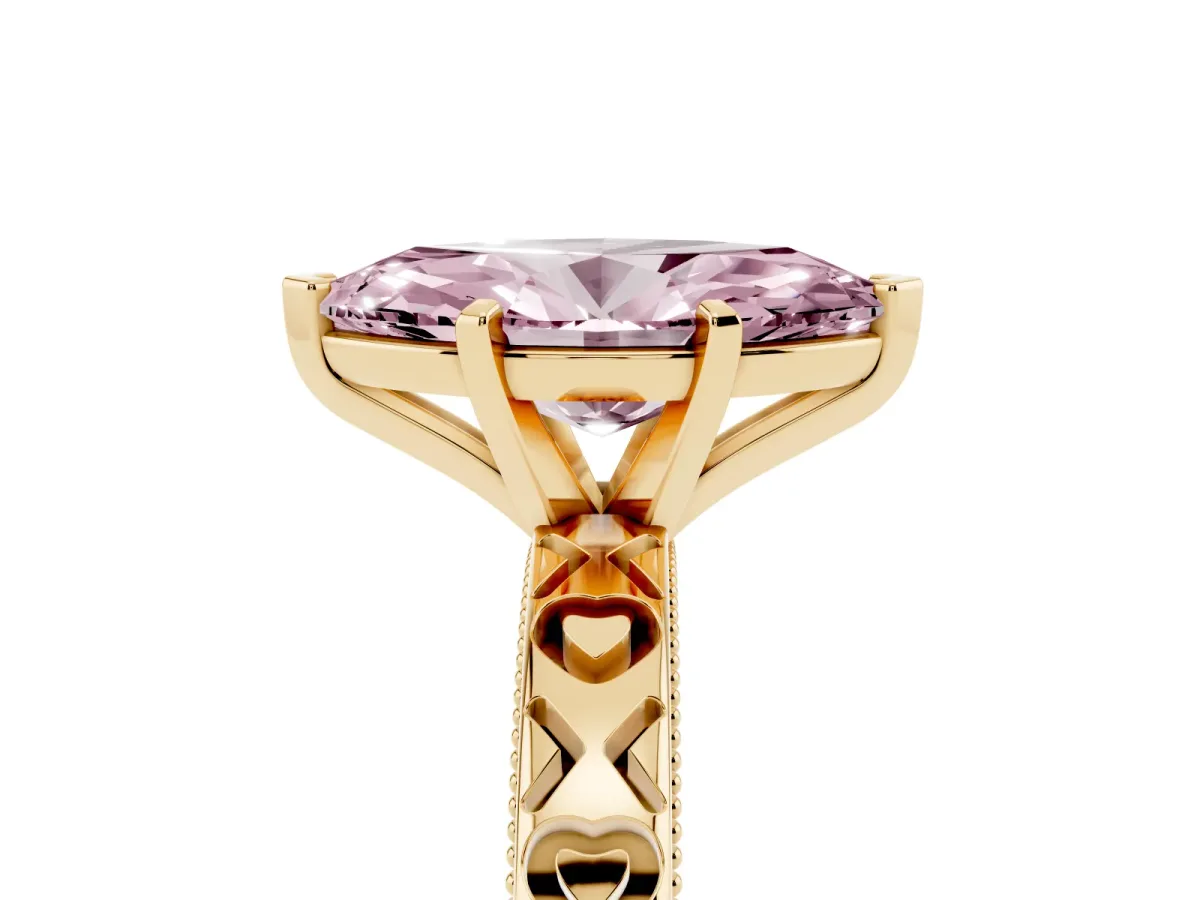 Fancy Pink Marquise Cut Solitaire Diamond Engagement Ring with XO Engraved Band and Four-Prong Setting Yellow gold