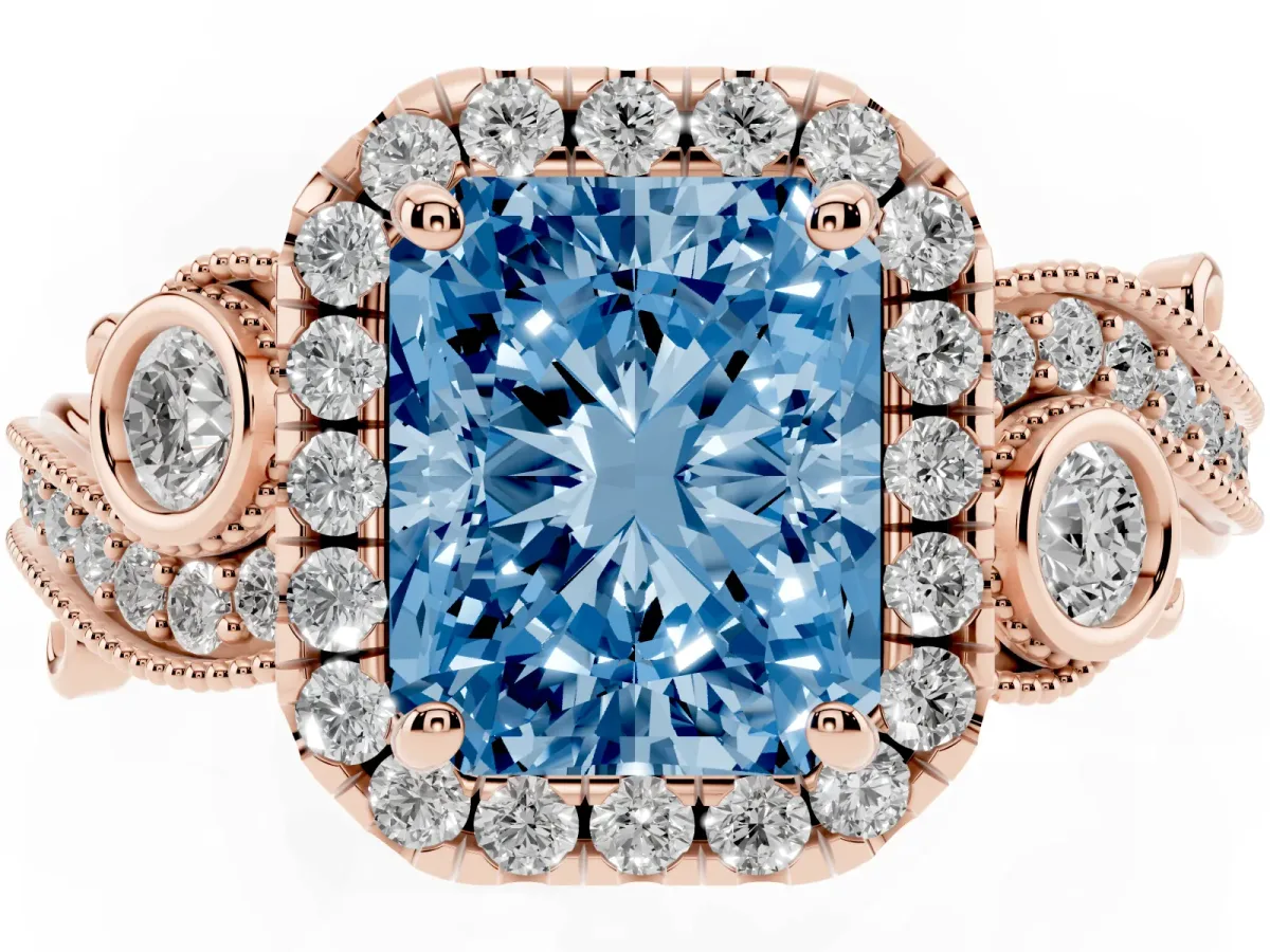 Fancy Blue Radiant Cut Diamond Halo Ring with Milgrain Pavé Band and Four-Prong Setting Rose gold