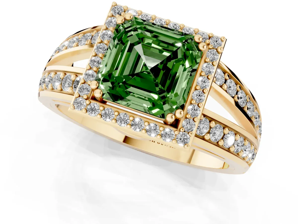 Fancy Green Asscher Cut Diamond Halo Ring with Split Shank Pavé Band and Four-Prong Setting Yellow gold