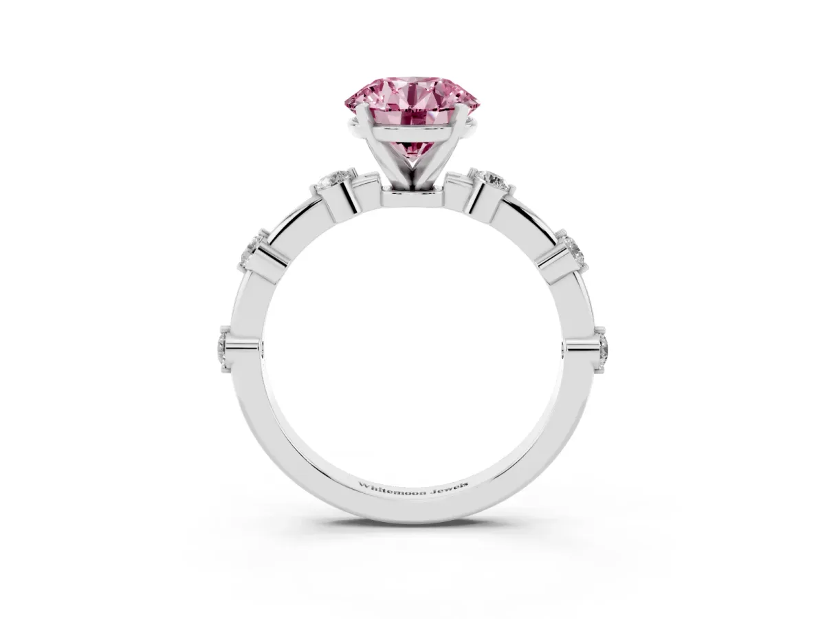 Fancy Pink Round Cut Solitaire Diamond Ring with Bezel Set Side Stones and Prong Setting Silver