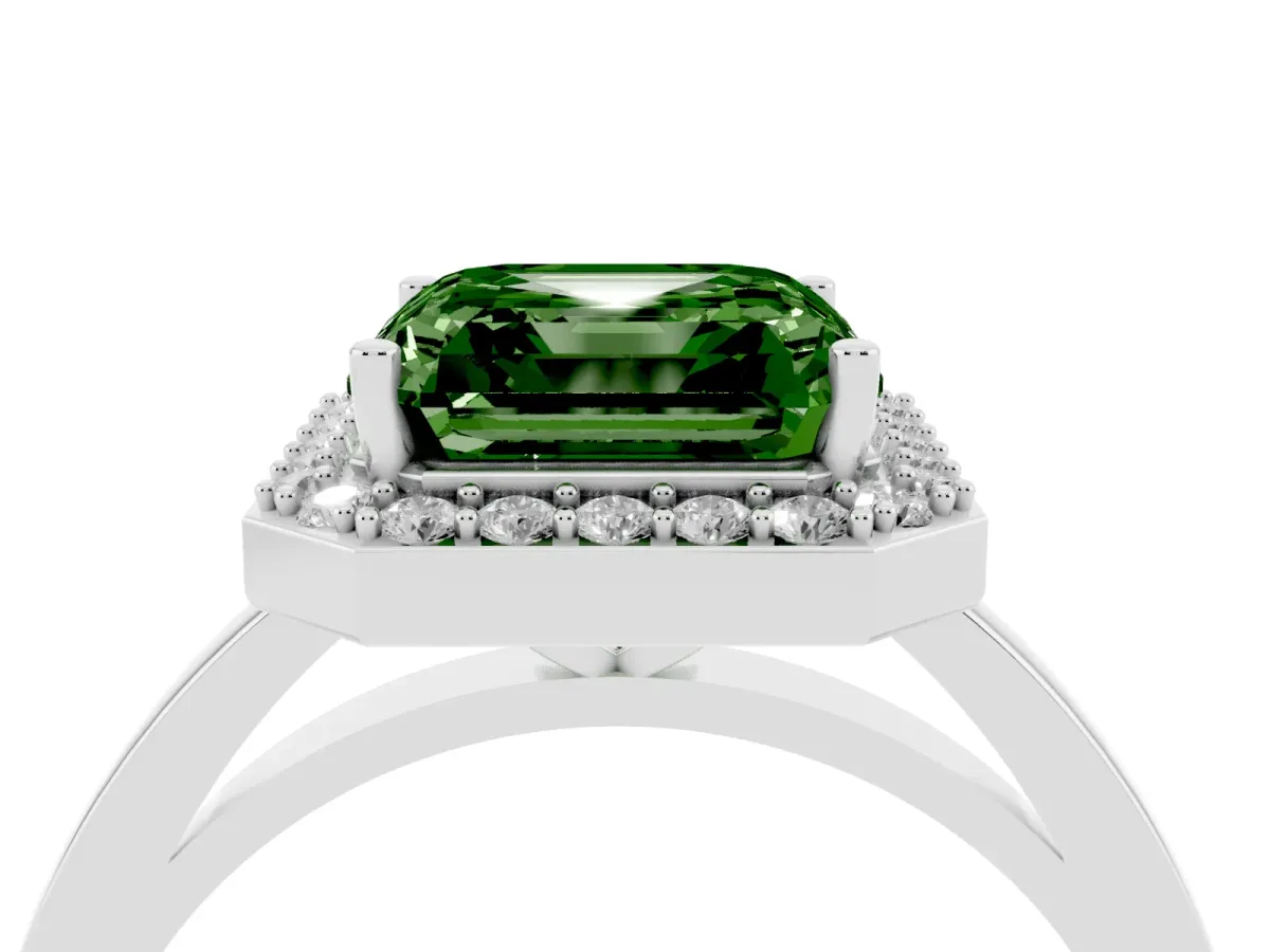 Fancy Green Asscher Cut Halo Diamond Ring with Solitaire Band and Prong Setting Platinum