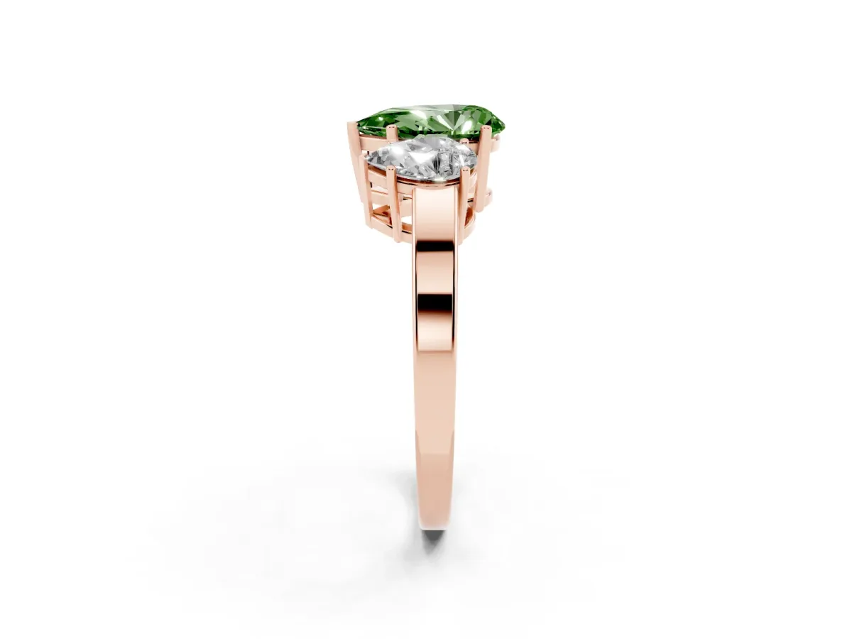 Fancy Green Three-Stone Pear Cut Cut Diamond Engagement Ring with Flat Band and Four-Prong Setting Rose gold