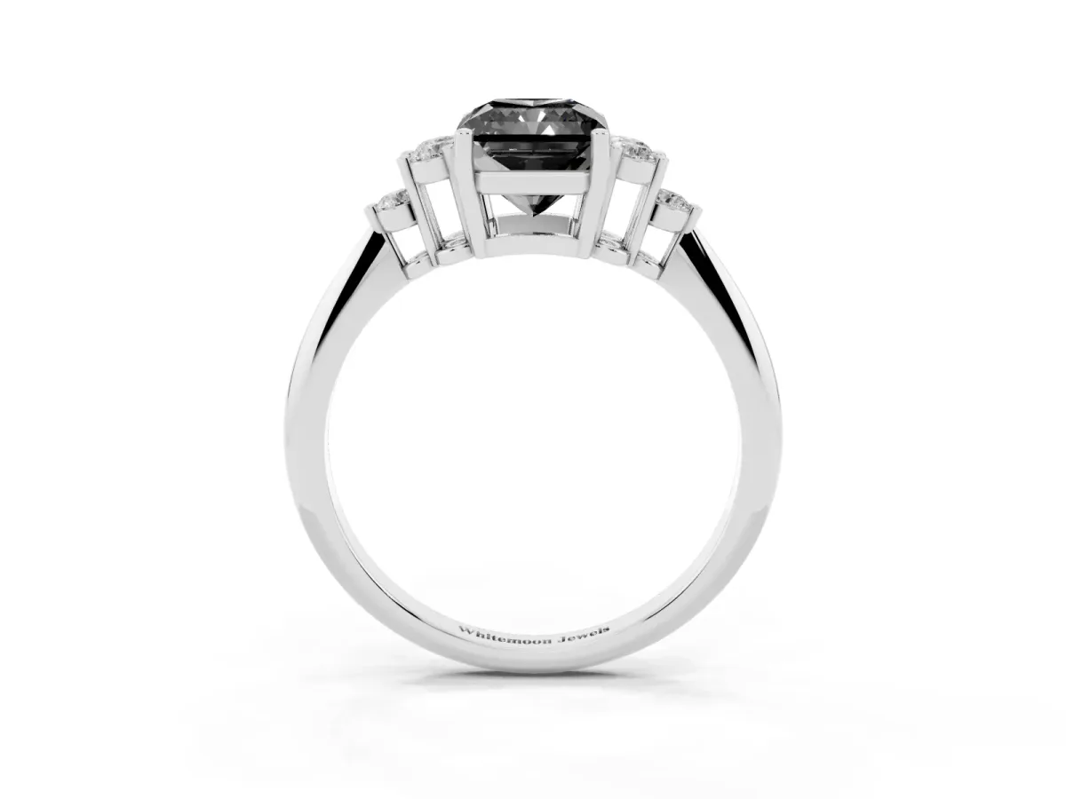 Fancy Black Radiant Cut Cut Diamond Cluster Ring with Solitaire Band and Four-Prong Setting Silver