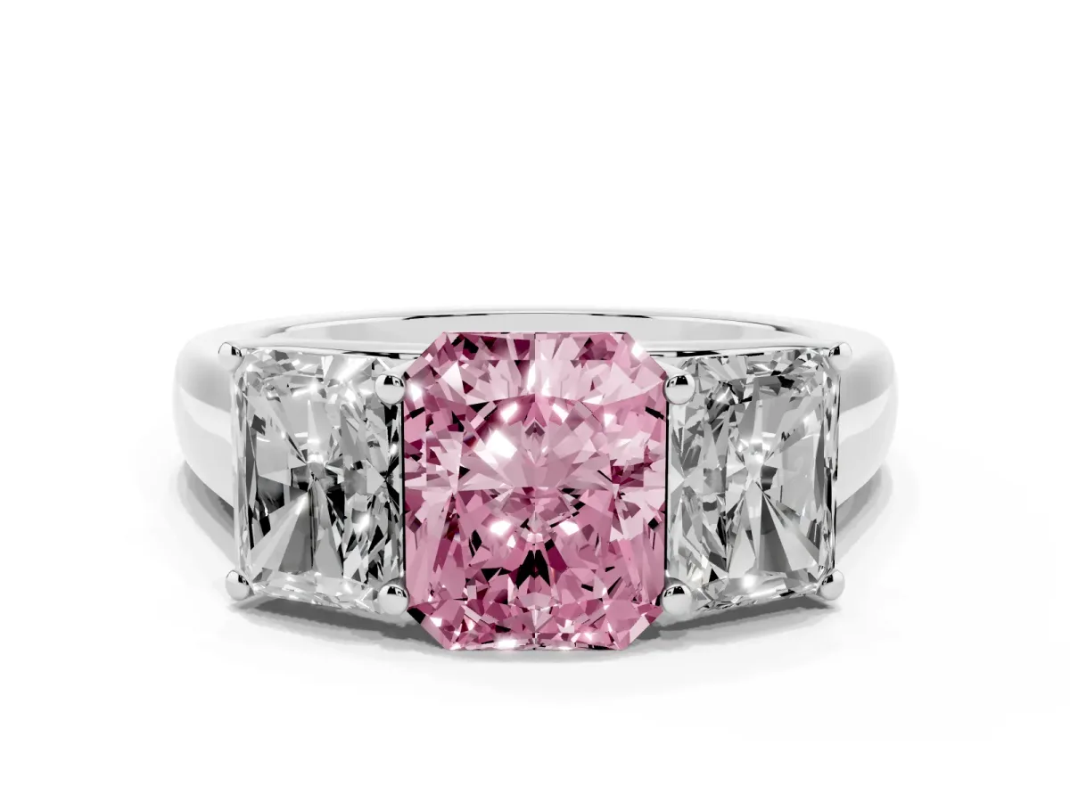 Fancy Pink Radiant Cut Three-Stone Diamond Ring with Prong Setting on a Classic Band Silver