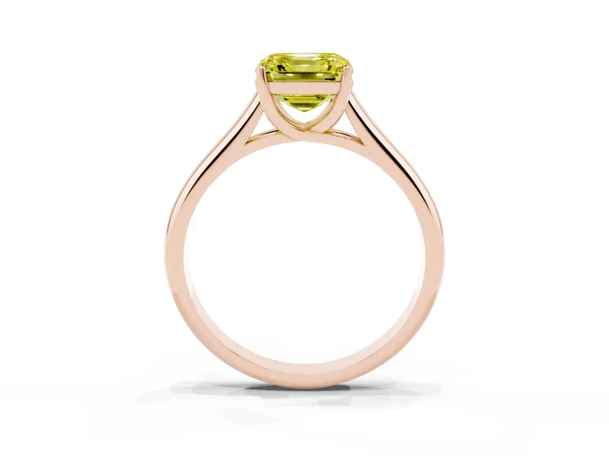 Fancy Yellow Asscher Cut Solitaire Engagement Ring with Tapered Band and Four-Prong Setting Rose gold