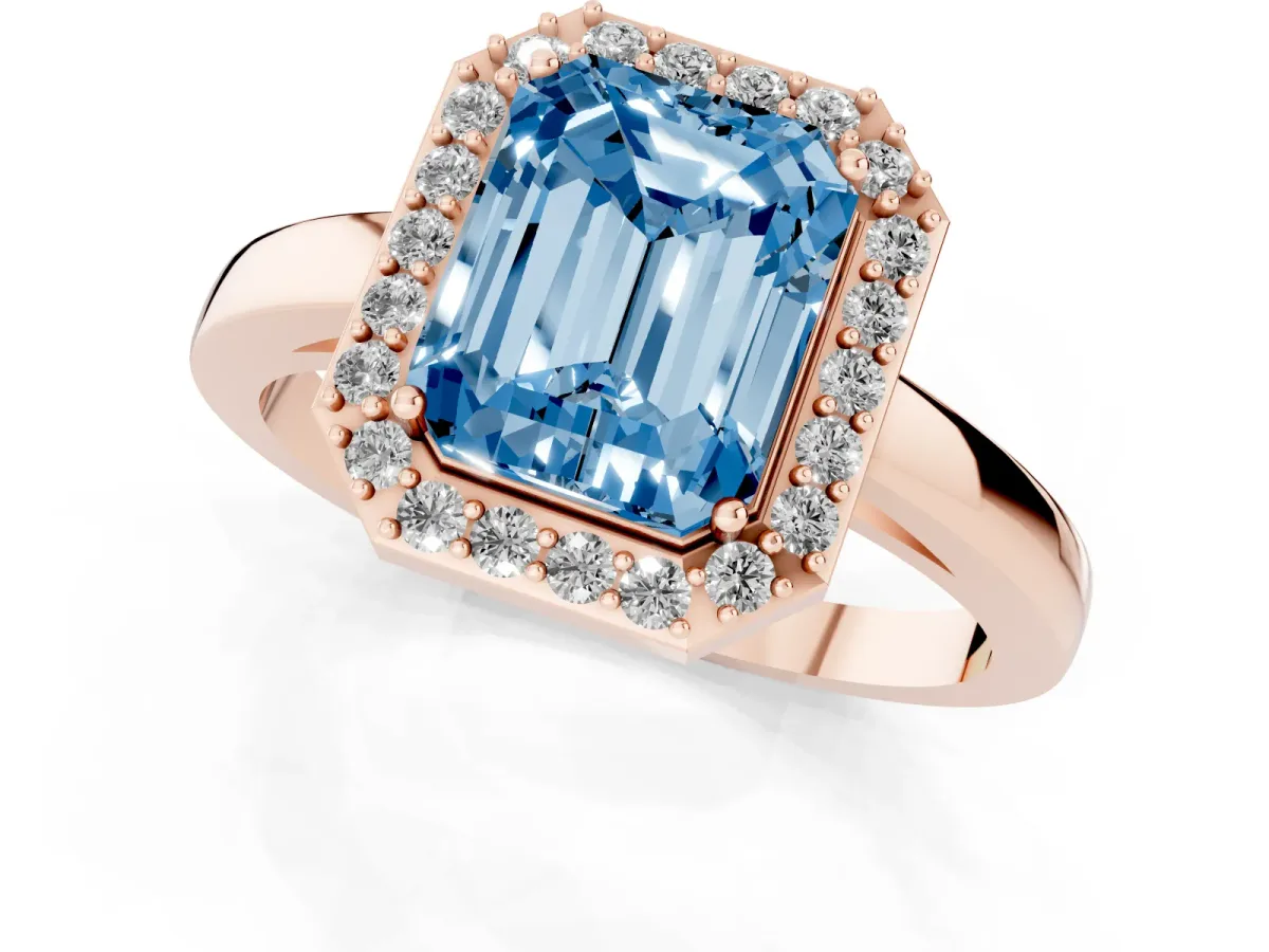 Fancy Blue Radiant Cut Halo Diamond Ring with Solitaire Band and Prong Setting Rose gold