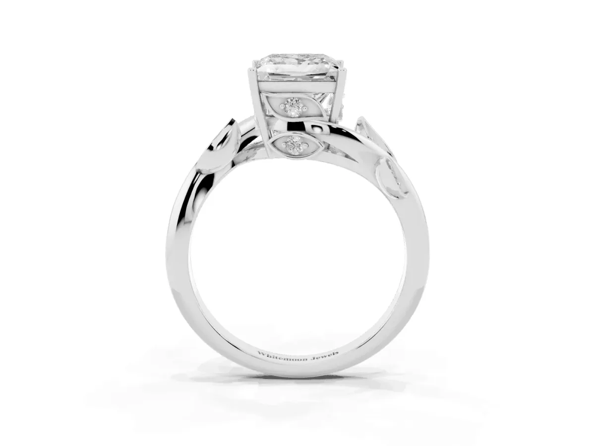 Princess Cut Solitaire Twist Engagement Ring with Leaf Accents and Prong Setting Silver