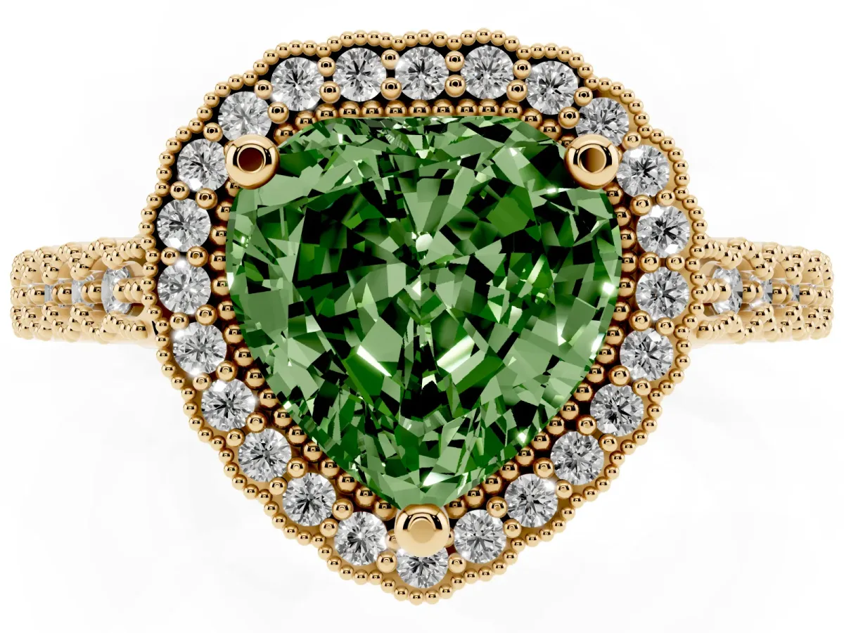 Fancy Green Heart Cut Cut Halo Pavé Solitaire Ring with Milgrain Band Yellow gold