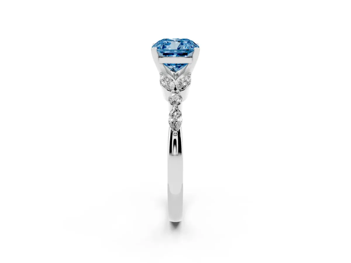 Fancy Blue Cushion Cut Diamond Solitaire Ring with Side Stones and Four-Prong Setting Silver
