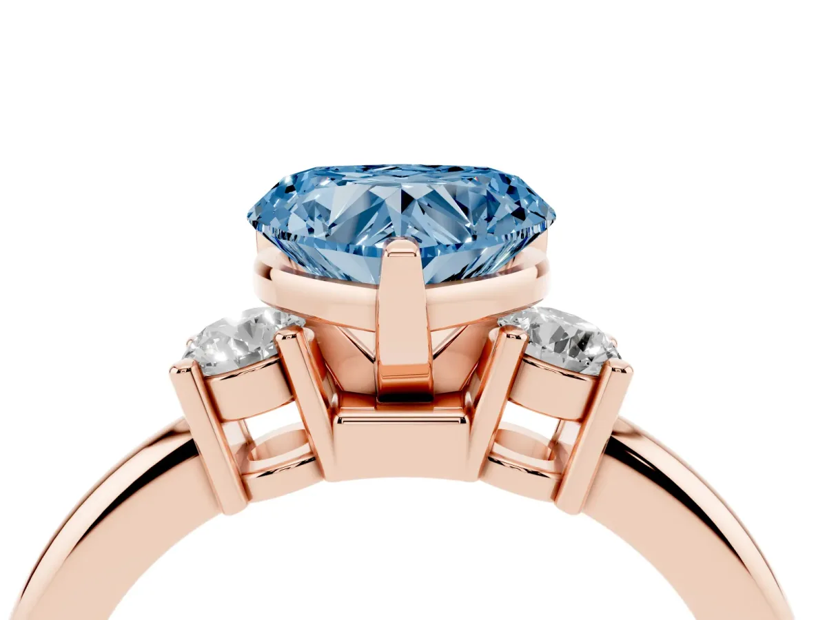 Fancy Blue Three-Stone Heart Cut Cut Diamond Solitaire with Prong Setting and Classic Band Rose gold