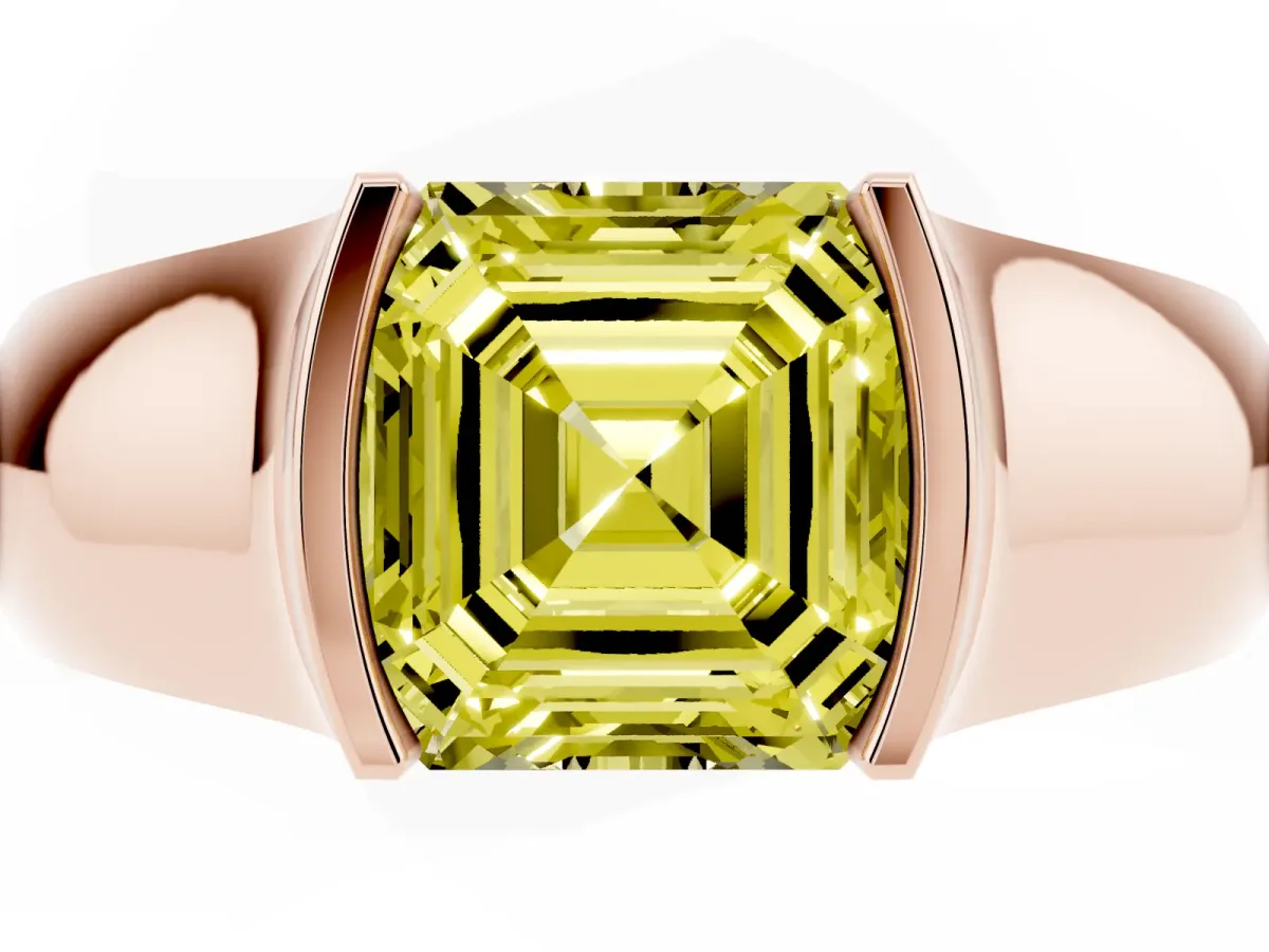 Fancy Yellow Asscher Cut Solitaire Bezel Set Diamond Ring with Wide Band Rose gold
