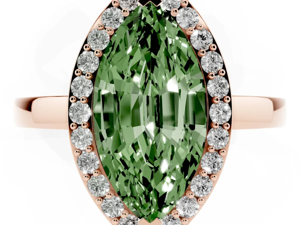 Fancy Green Marquise Cut Halo Diamond Ring with Solitaire Band and Prong Setting Rose gold