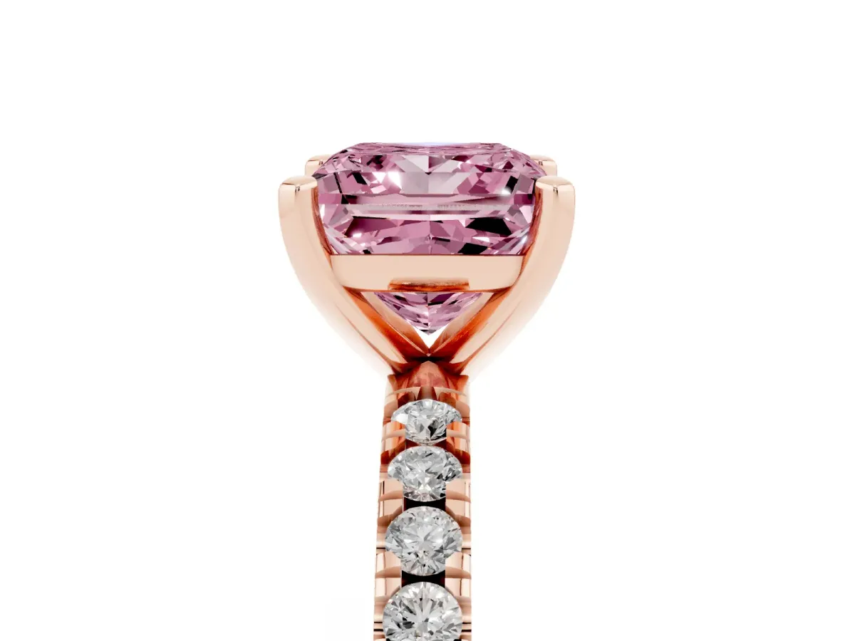 Fancy Pink Princess Cut Diamond Pavé Band Solitaire with Four-Prong Setting Rose gold