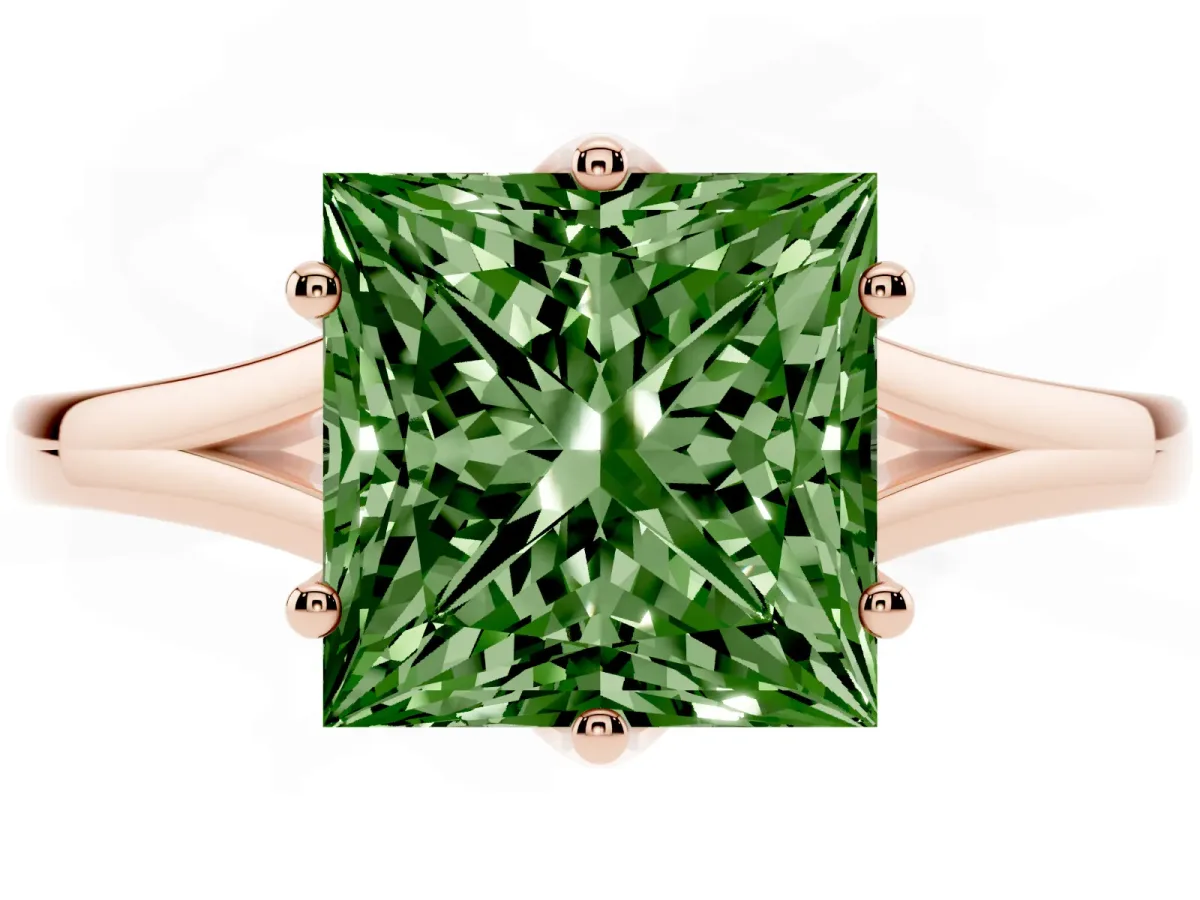 Fancy Green Princess Cut Solitaire Diamond Ring with Six-Prong Setting and Tapered Band Rose gold