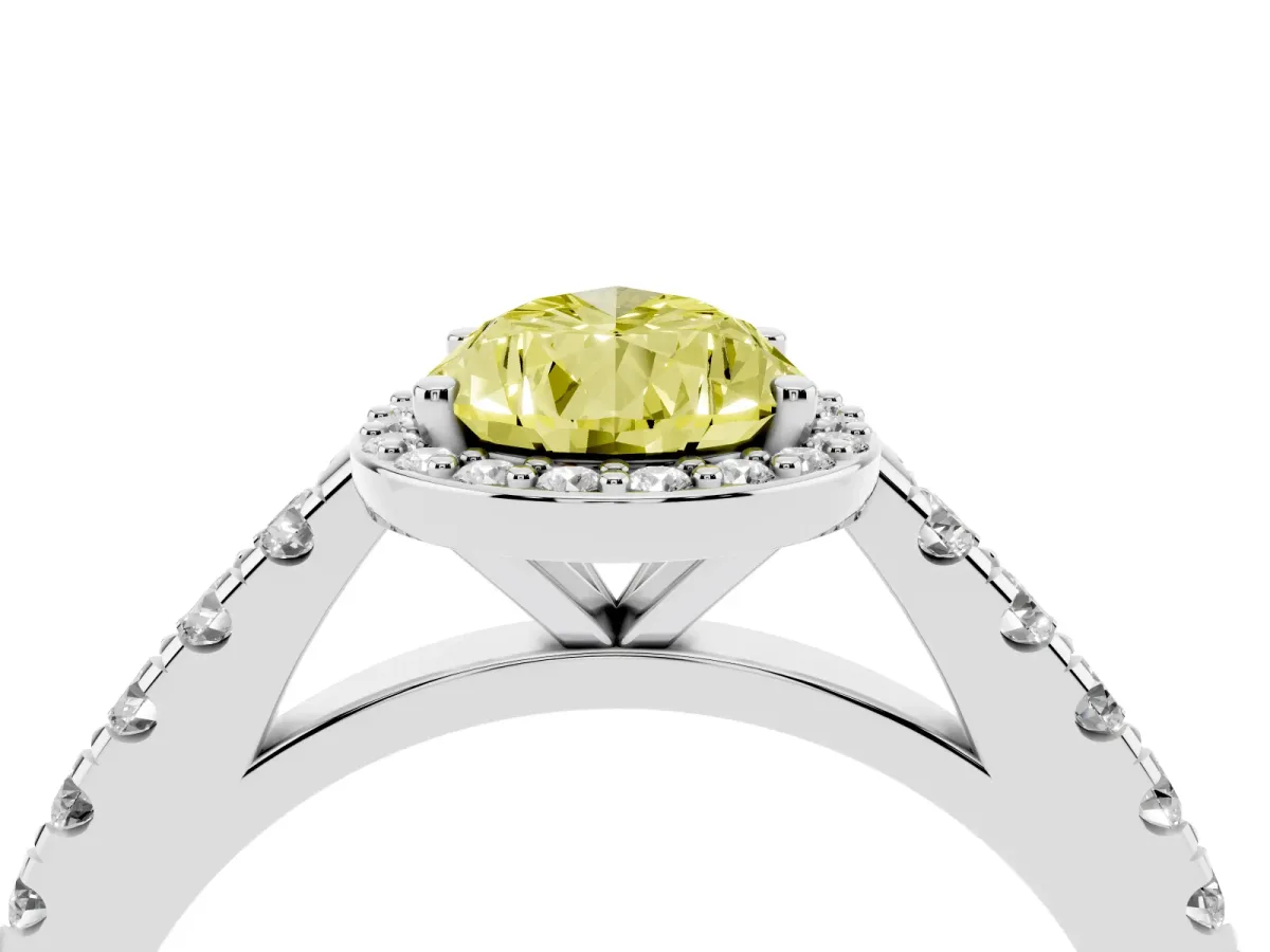 Fancy Yellow Pear Cut Cut Halo Diamond Engagement Ring with Pave Band and Four-Prong Setting Platinum