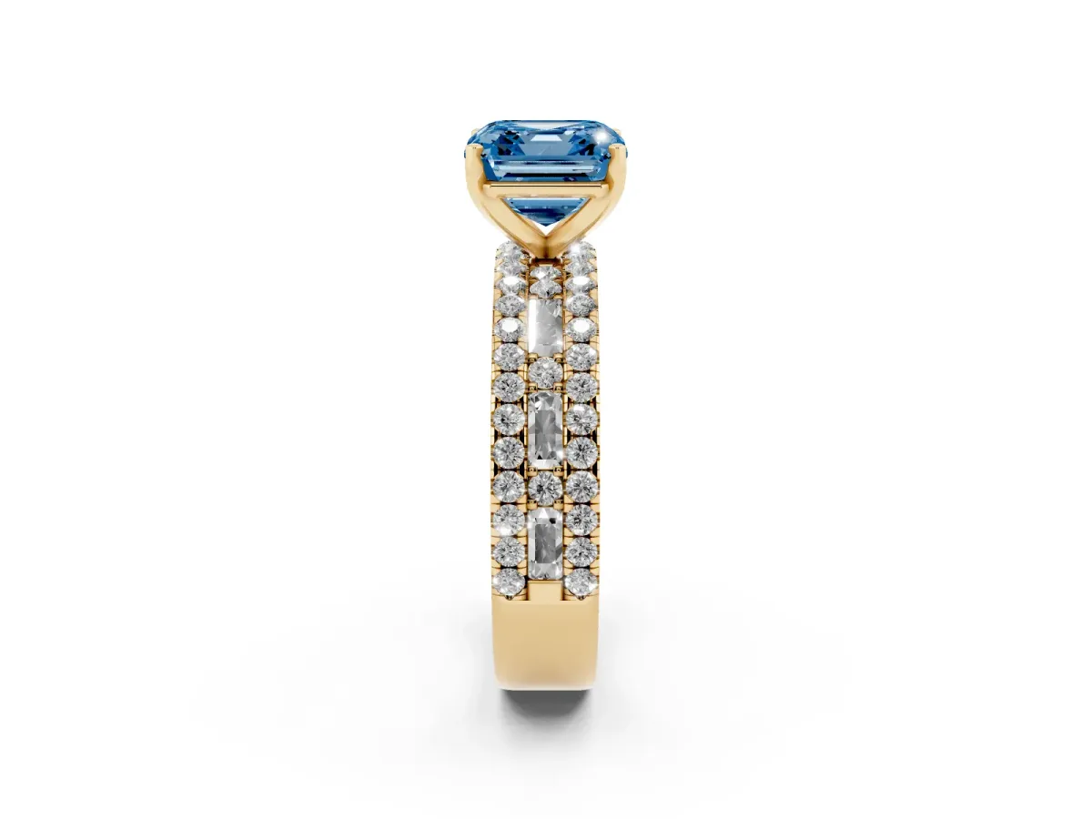 Fancy Blue Asscher Cut Diamond Solitaire Ring with Pavé and Channel Set Band Yellow gold