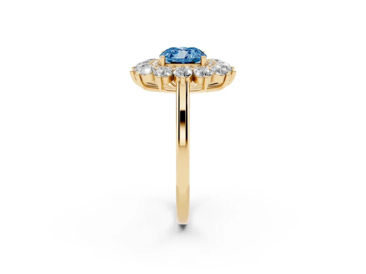 Fancy Blue Cushion Cut Diamond Floral Double Halo Engagement Ring with Prong Setting Yellow gold