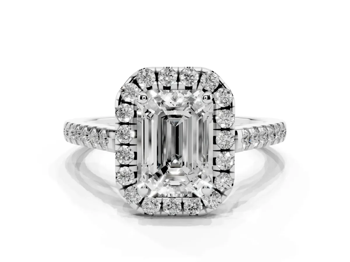 Emerald Cut Halo Pavé Diamond Engagement Ring with Four-Prong Setting Platinum