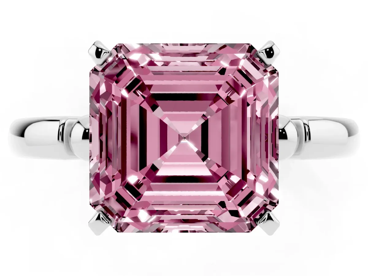 Fancy Pink Asscher Cut Solitaire Beaded Band with Four-Prong Setting Silver